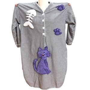 Ultra Rare Vintage Canyon Group Chenille Cat Nightshirt Black Gingham USA Large